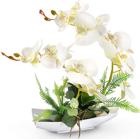 YOBANSA Orchid Bonsai Artificial Flowers with Imitation Porcelain Flower Pots Phalaenopsis Fake Flowers Arrangements for Home Decoration (White 1)