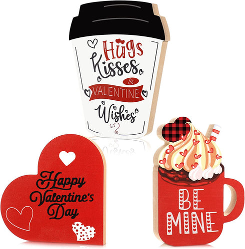3 Pcs Valentine's Day Table Wooden Sign Coffee Mug Shaped Tabletop Decor Romantic Love Be Mine Decorative Table Centerpiece Signs Valentine's Day Tiered Tray Home Decor (Lovely Style)