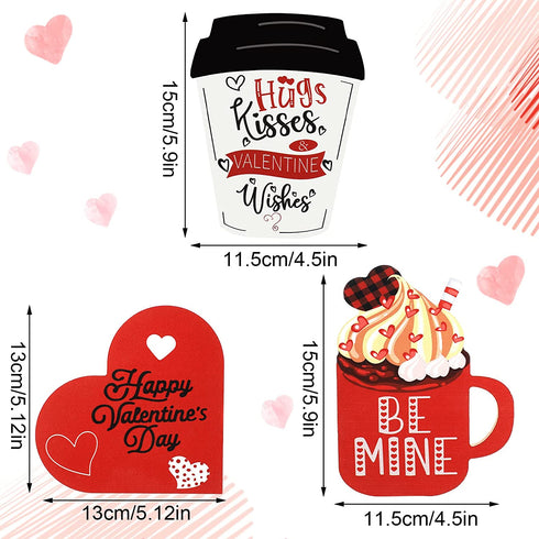 3 Pcs Valentine's Day Table Wooden Sign Coffee Mug Shaped Tabletop Decor Romantic Love Be Mine Decorative Table Centerpiece Signs Valentine's Day Tiered Tray Home Decor (Lovely Style)
