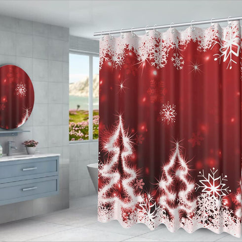Red Christmas Shower Curtain White Xmas Snowflake Glitter Sparkle Tree Bath Curtain Merry Christmas Eve Home Bathroom Decor Waterproof Fabric Curtains 72x72 inch