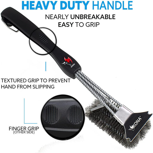 Kona Grill Brush and Scraper - 360 Straight Edge - Compatible with Weber and Pellet Grill Brands - BBQ Cleaner Fits All Grills, Stainless Steel, Cast Iron, Porcelain - Flex Grip Handle