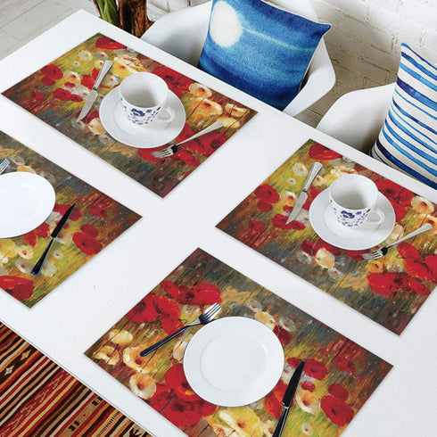 Washable Placemats for Dining Table Set of 4,Retro Poppy Flower Floral Painting Style Red Yellow Pattern Non-Slip Heat Resistant Kitchen Table Mats Farmhouse Placemats