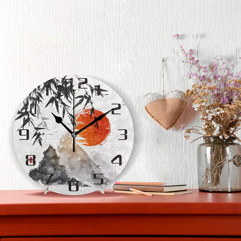 Japanese Mountain Wall Clock Silent Non-Ticking, 9.5 Inch Round Wall Clock Battery Operated Japanese Clock Decor for Home Wall Bathroom Kitchen Bedroom Living Room Office Classroom Patio