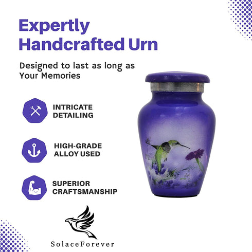 Hummingbird Keepsake Urn Purple - Mini Cremation Urn with Premium Box & Bags - Memorial Urn for Human Ashes - Honor Your Loved One with Small Purple Urn - Perfect Bird Urn for Adults & Infants