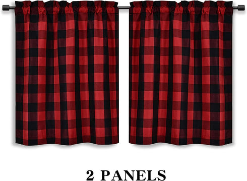 SeeGlee Red and Black Plaid Thermal Insulated Energy Saving Curtain Tiers for Loft -Rustic Farmhouse Living Buffalo Check Cottage Short Curtain Valances(29 W x 36 Inches Long,2 Panels)