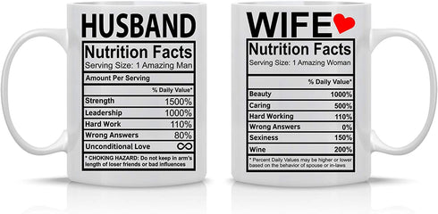 Husband And Wife Nutrition Facts - 11oz Ceramic Coffee Mug Couples Sets - Funny Husband And Wife Anniversary Cups - Couple Gifts For Him And Her - Wedding Engagement Presents - By CBT Mugs