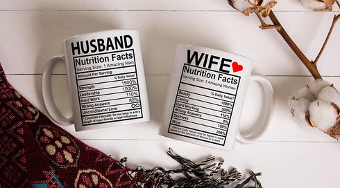 Husband And Wife Nutrition Facts - 11oz Ceramic Coffee Mug Couples Sets - Funny Husband And Wife Anniversary Cups - Couple Gifts For Him And Her - Wedding Engagement Presents - By CBT Mugs