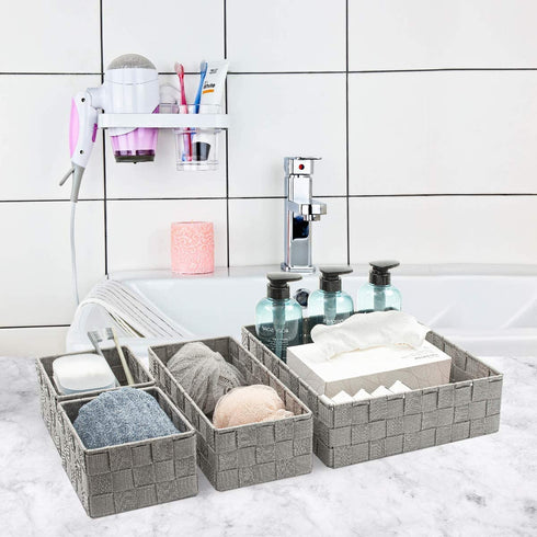 ELONG HOME Woven Baskets for Storage, Small Hand-Woven Storage Basket with Durable Metal Frame, Woven Strap Baskets for Organizing, Set of 4, Grey