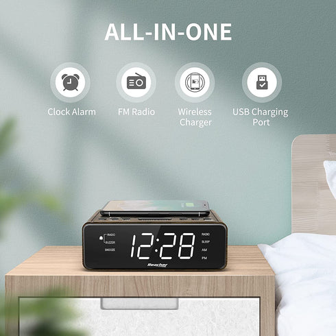 REACHER Alarm Clock Radio with Wireless Charging & USB Charger, Large LED Dimmable Display, 2 Wake Up Sounds, Adjustable Volume, FM Radio, Sleep Timer, Battery Backup for Bedroom, Office (Wood Grain)