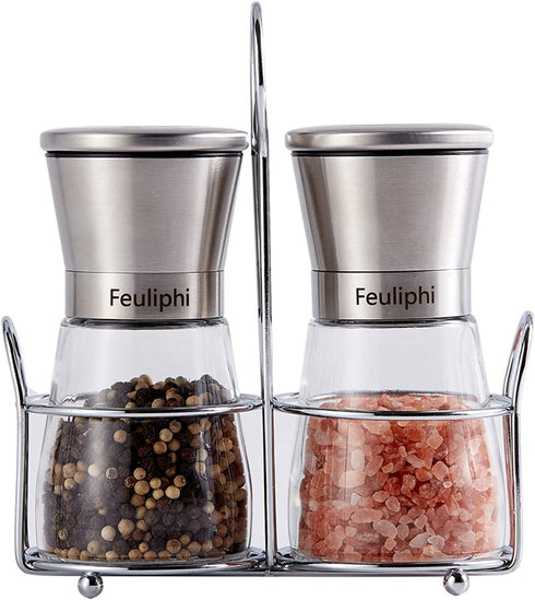 Slat and Pepper Grinder Set of 2 with Stainless Steel Holder, Adjustable Coarseness, Premium Stainless Steel and Glass body Spice Mill, Salt and Pepper Shaker