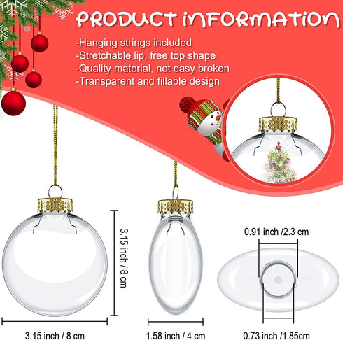 Clear Christmas Plastic Ornament Ball Transparent Fillable Sphere Light Bulb Ornament with Rope and Removable Metal Cap Christmas Hanging Ornaments for Christmas Tree Decor (Gold, 12)