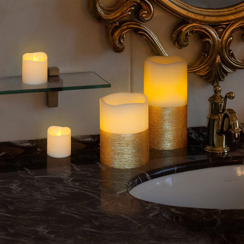 Furora LIGHTING LED Flameless Candles with Remote Control, Set of 8, Real Wax Battery Operated Pillars and Votives LED Candles with Flickering Flame and Timer Featured - Gold Trim