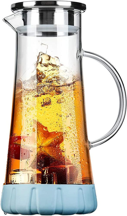 BOQO Glass Water Pitcher,50 Oz Carafe with Lid,Glass Water Jug with Particular Coaster and Brush,Glass Water Jar