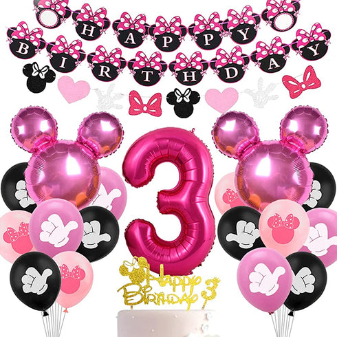 Cartoon Mouse Party Decorations Supplies 3rd Theme Hot Pink Happy Birthday Banner Garland Head Balloons Cake Topper for 3 Year Old Girl