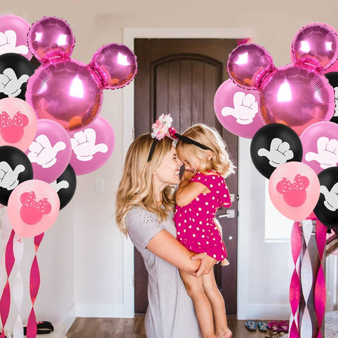 Cartoon Mouse Party Decorations Supplies 3rd Theme Hot Pink Happy Birthday Banner Garland Head Balloons Cake Topper for 3 Year Old Girl