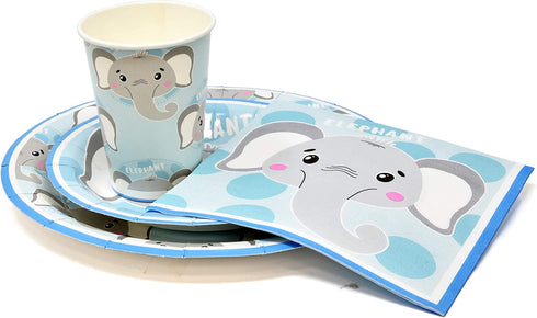 Elephant Boy Baby Shower Party Supplies Tableware Set 24 9" Paper Plates 24 7" Plate 24 9 Oz Cup 50 Lunch Napkin for Little Boys Blue Grey Elephants Birthday Gender Reveal Disposable Dinnerware Decor