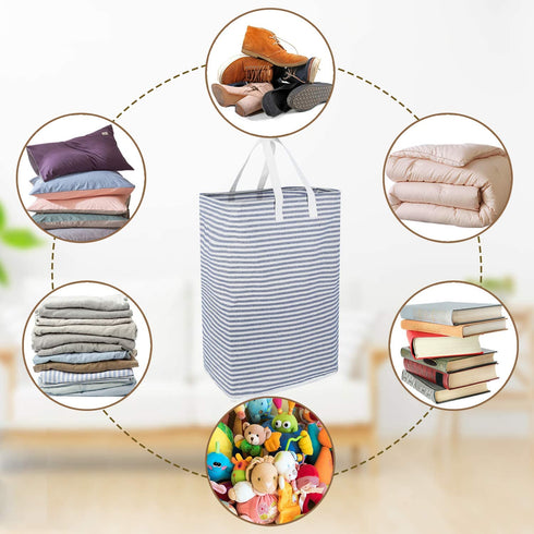 80L Extra Large Collapsible Laundry Baskets with Handle Waterproof Stripe Linen Washing Basket for Bedroom, Blue