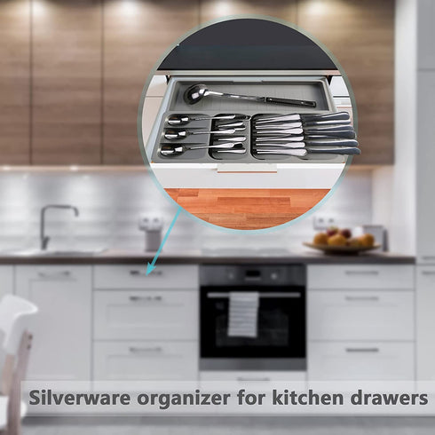 KAKUNM Kitchen Drawer Organizer Expandable Adjustable Utensils Silverware Tray for Drawer, Spoon Knife and Fork Partition Storage,Large, Gray