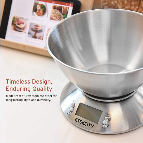 Etekcity Food Scale with Bowl, Timer, and Temperature Sensor, Digital Kitchen Weight for Cooking and Baking, 2.06 QT, Silver