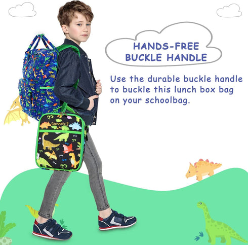 Kasqo Lunch Box Bag for Kids, Insulated Cute Lunch Bag with Shoulder strap Water Bottle Holder Mini Cooler Thermal Meal Tote Kit for Toddler Boys and Girls, Black Dinosaur