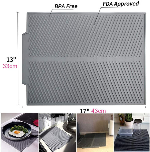 KeepingcooX Non-Slip Silicone Dish Drying Mat. 17 x 13 Inches 0.71 lb - Dish and Glassware Sloped Board Silicone Tray in Grey - Dishwasher, Heat Resistant Trivet (Large)