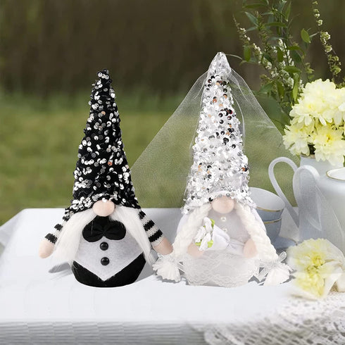 2 Pcs Bride & Bridegroom Wedding Dress Gnome Decoration, Shinning Wedding Dress Gnome Plush Present,Couple Dwarf Doll Elf Scandinavian Ornaments Home Decor Plot Gifts