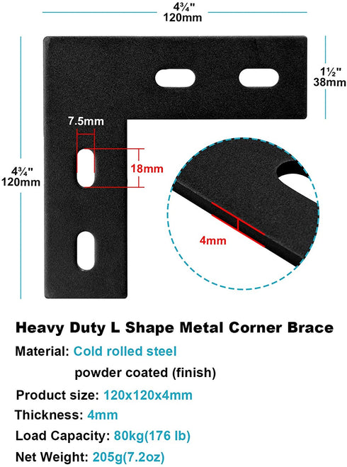 6 Packs 4¾ Inches Heavy Duty L Right Angle Bracket Flat Straight Mending Plate, Metal Steel Repair Fixing Bracket Connector, Length 4¾", Width 1½", Thickness 4mm, Max. Load 170LB