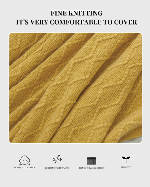 SPAOMY Throw Blanket, Knit Blanket with Tassels, Textured Cozy Lightweight Decorative Throw Blanket for Couch, Bed, Sofa, Travel- All Seasons (60x80 Inch, Mustard Yellow)