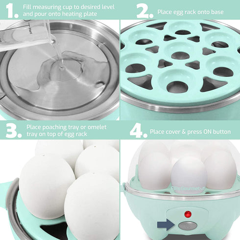 Elite Gourmet EGC007M Rapid Egg Cooker, 7 Easy-To-Peel, Hard, Medium, Soft Boiled Eggs, Poacher, Omelet Maker, Auto Shut-Off, Alarm, 16-Recipe Booklet, BPA-Free, Mint