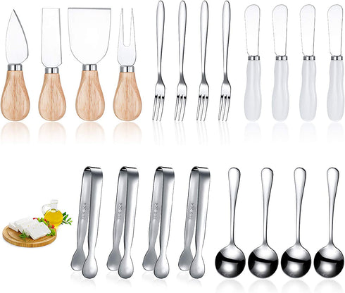 20 Pcs Spreader Knife Set Cheese Butter Spreader Knife Cheese Slicer Knife Stainless Steel Blade with Porcelain and Wooden Handles Mini Serving Tongs Spoons and Forks for Christmas (Chic Style)