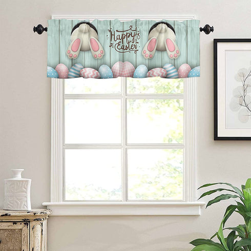 1PC Happy Easter Eggs Window Treatment Valance for Kitchens, Bathrooms, Decorative Rod Pocket Curtain Valance Short Winow Valance Curtains, 52" W x 18" L, Funny Rabbit Wooden Planks