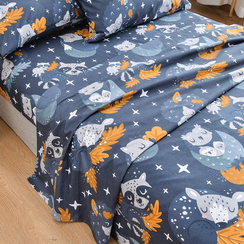 JSD Navy Blue Kids Owl Printed Sheet Set Twin for Boys Girls, Soft Microfiber Fitted Sheet Flat Sheet Pillowcases 3 Pieces