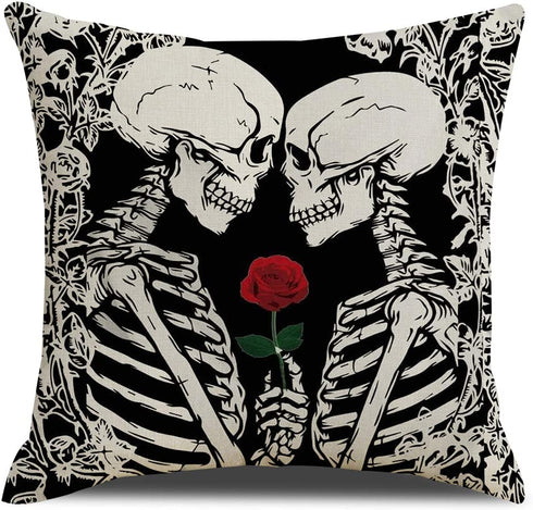 QIQIANY Skull Couple Decorative Throw Pillow Cover 18x18 Inch Square Linen Fabric Black Goth Skull Lovers Skeletons Pillow Case Home Decor Art Skull Pillow Cushion Cover for Sofa Kitchen Bedroom