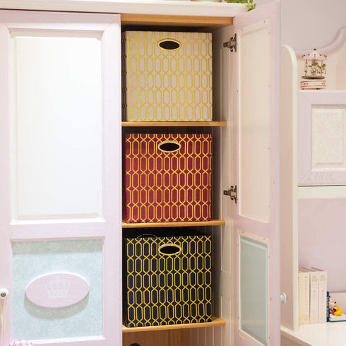 Posprica Storage Bins, Storage Cubes,13×13 Fabric Drawers Organizer Basket Boxes Containers (13×13×13/2pcs, Red/Gold Geometry Pattern)
