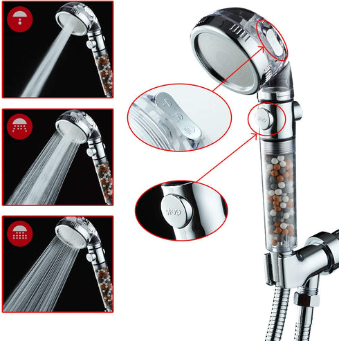 KAIREY Zen Shower Head with Beads On/Off,3 Function High Pressure Water Saving Filtered Handheld Ionic Showerhead,Anion Energy Ball Purifying Water Shower ,with 60 Inch Shower Hose and Bracket