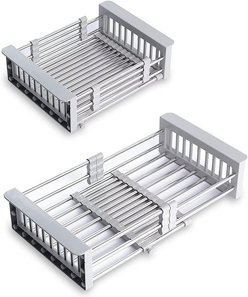 Expandable Stainless Steel Dish Drying Rack, Telescopic Drain Basket Over Sink Organizer for Vegetable, Fruit and Tableware (Grey)