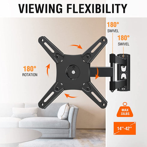 Full Motion TV Monitor Wall Mount TV Bracket Swivels Tilts Extension Rotation for Most 14-42 Inch LED LCD Flat Screen TVs & Monitors with Articulating Arms, Max VESA 200x200mm, up to 33 lbs. ELIVED