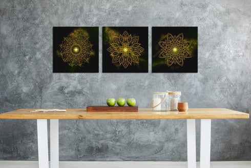 LoveHouse Gold Boho Picture Wall Art Framed Mandala Bohemian Flower Painting Prints on Canvas Artwork Gallery Wrapped for Bathroom Yoga Spa Home Decoration Ready to Hang 12x12inchx3pcs