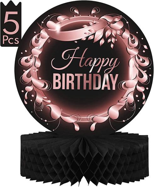 Birthday Table Centerpiece Decorations -5-Pack Double Sided Cardstock & Tissue Paper Honeycomb Happy Birthday Decoration - 12 Rose Gold Birthday Party Decorations Centerpieces for Table Decorations