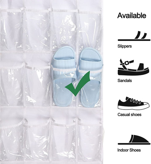 2 Pack Over The Door Hanging Shoe Organizer, Shoe Rack Holder, Pantry Door Organizer With Multiple Size Clear Pockets, 63 x 17 (White)