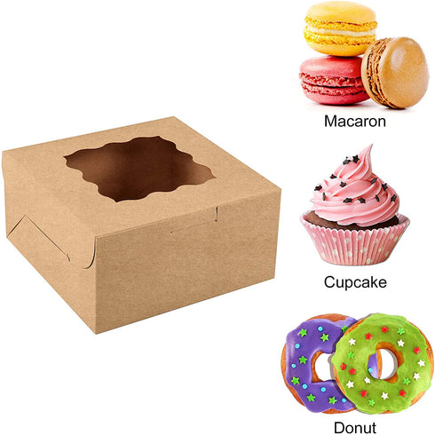 Moretoes 48pcs Brown Bakery Boxes with Window Cookie Boxes 6x6x3 Inches Small Cake Box Kraft Paper Treat Boxes for Cookies, Pastry, Cupcakes, Pie, Donuts