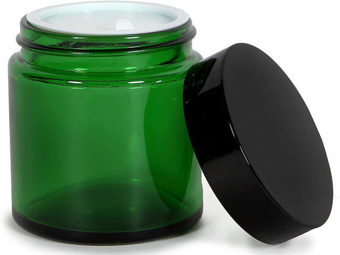 Vivaplex, 12, Green, 4 oz, Round Glass Jars, with Inner Liners and black Lids