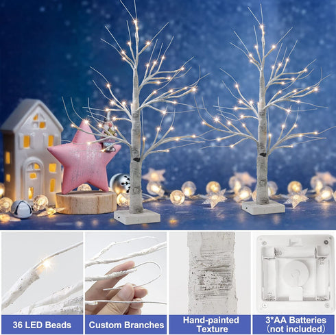 Set of 2- FastDeng Birch Tree Lighted, 2FT 36 LED Warm White Lights, Battery Powered Timing Tabletop Bonsai Tree Light for Home Bedroom Holiday Wedding Party Indoor Decoration