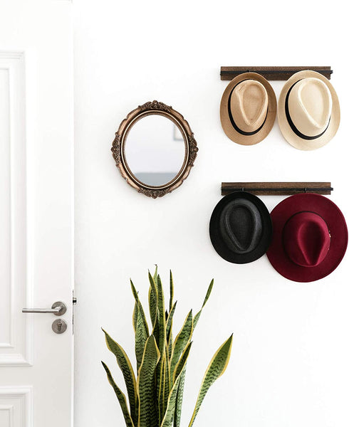 Mkono Hat Rack for Wall Wooden Baseball Caps Organizer with 20 Hooks Rustic Cowboy Hat Hanger Wall Mounted Caps Display Rack for Closet Door Bedroom Entryway, Set of 2, Brown