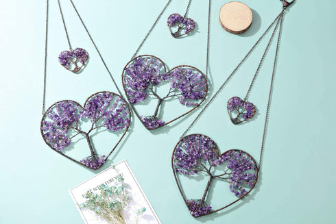 PESOENTH Amethyst Heart Tree of Life Dream Catcher Hanging Ornament Bohemian Purple Double Hearts Tree of Life Wall Art Window Car Hanging Decorations for Home Bedroom Decor