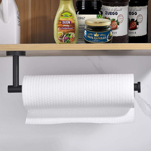 Matte Black Paper Towel Holder,Under Kitchen Cabinet Towel Paper Rack,Wall Mounted Round SUS304 Stainless Steel Dispenser for Bathroom Kitchen Tissue Towel Roll,11 inch