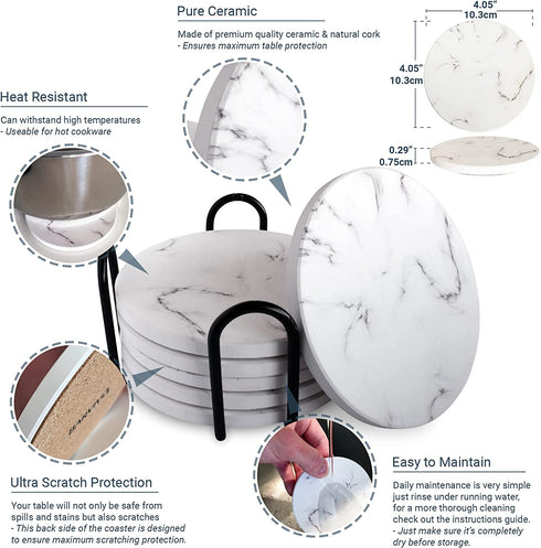 BARVIVO Marble Look Ceramic Coasters for Drinks Absorbent with Holder Set of 6 - Absorbing Condensation Immediately - Ideal Drink Coasters for Wooden Table Protection with Scratch Preventing Cork Base
