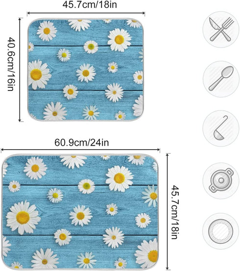 Absorbent Dish Drying Mat for Kitchen Counter - Daisies On Wooden Board Microfiber Drying Pad, Reversible Drainer Mats for Countertop, Small 16 x 18 inch, Large 18 x 24 inch