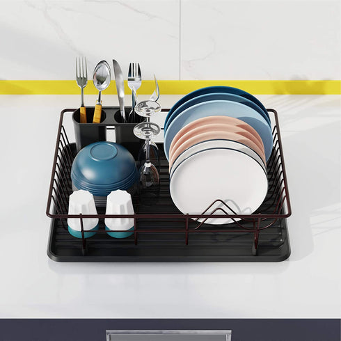 Dish Drying Rack, GSlife Small Dish Rack with Tray Compact Dish Drainer for Kitchen Counter Cabinet ,Bronze