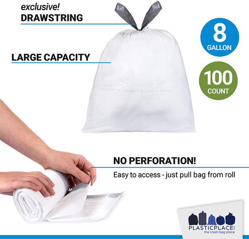 Plasticplace W8DSWHJR100 8 Gallon Trash Bags ”‚ 0.7 Mil ”‚ White Drawstring Garbage Can Liners ”‚ 22" x 22" (100 Count)